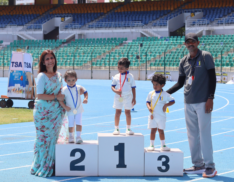 students on podium